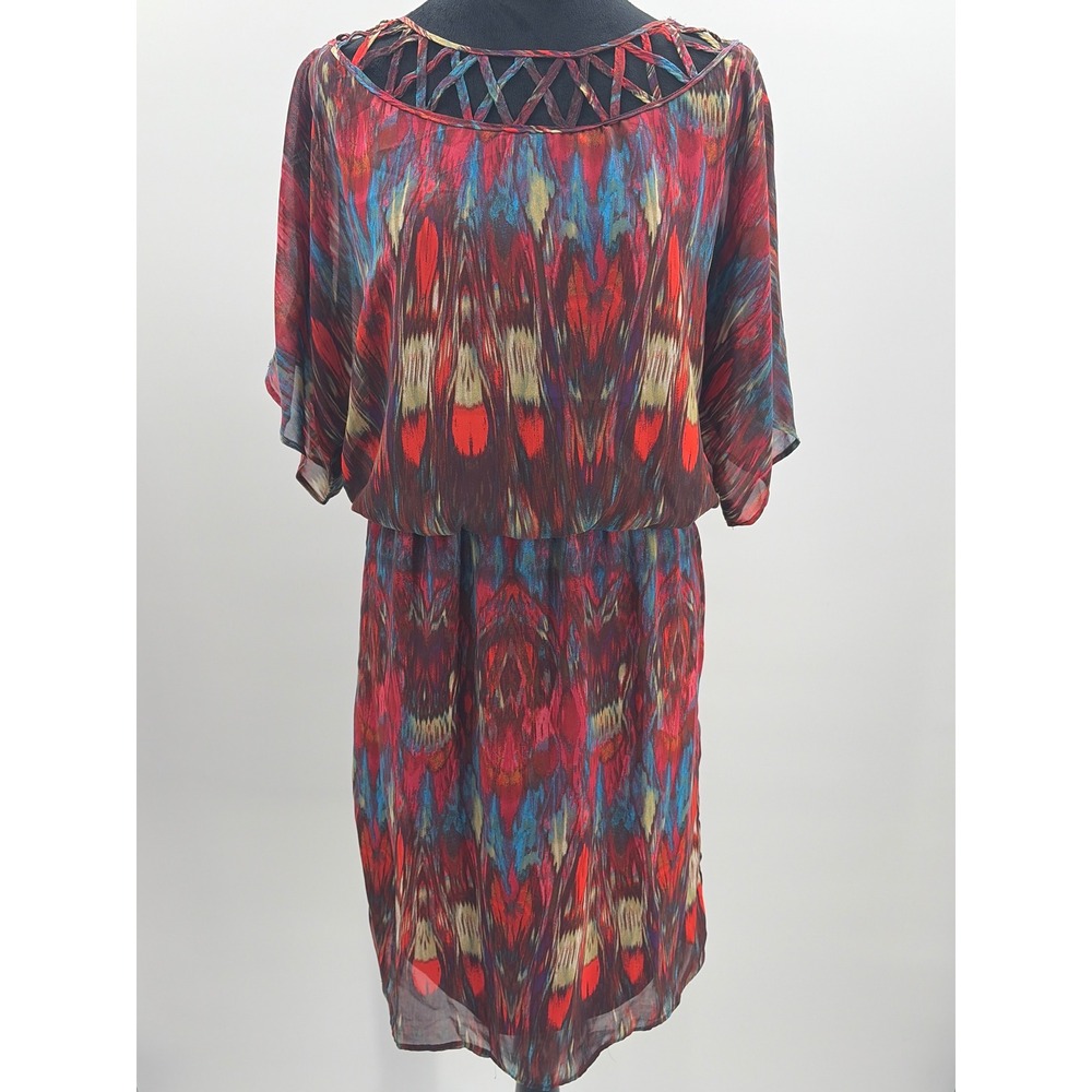 Ronni‎ Nicole Abstract Print Dress Brown Blue Orange Short Sleeve Casual Mini 6